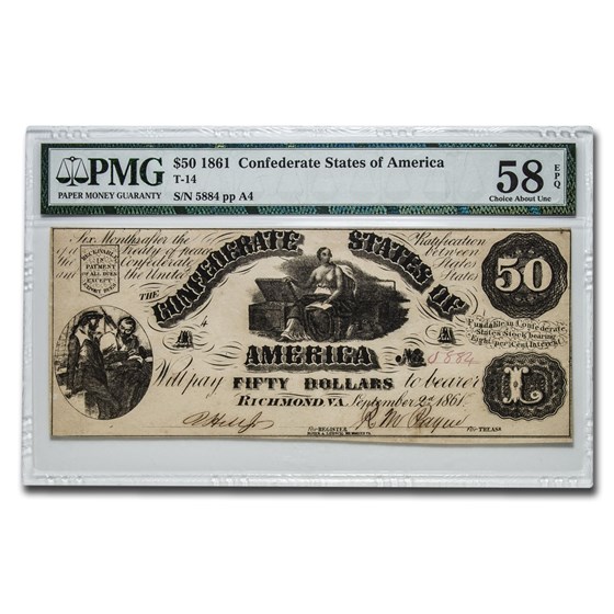 1861 CSA $50 (T-14) Moneta & Treasure Chests CH AU-58 EPQ PMG 1861 CSA $50 (T-14) Moneta & Treasure Chests CH AU-58 EPQ PMG